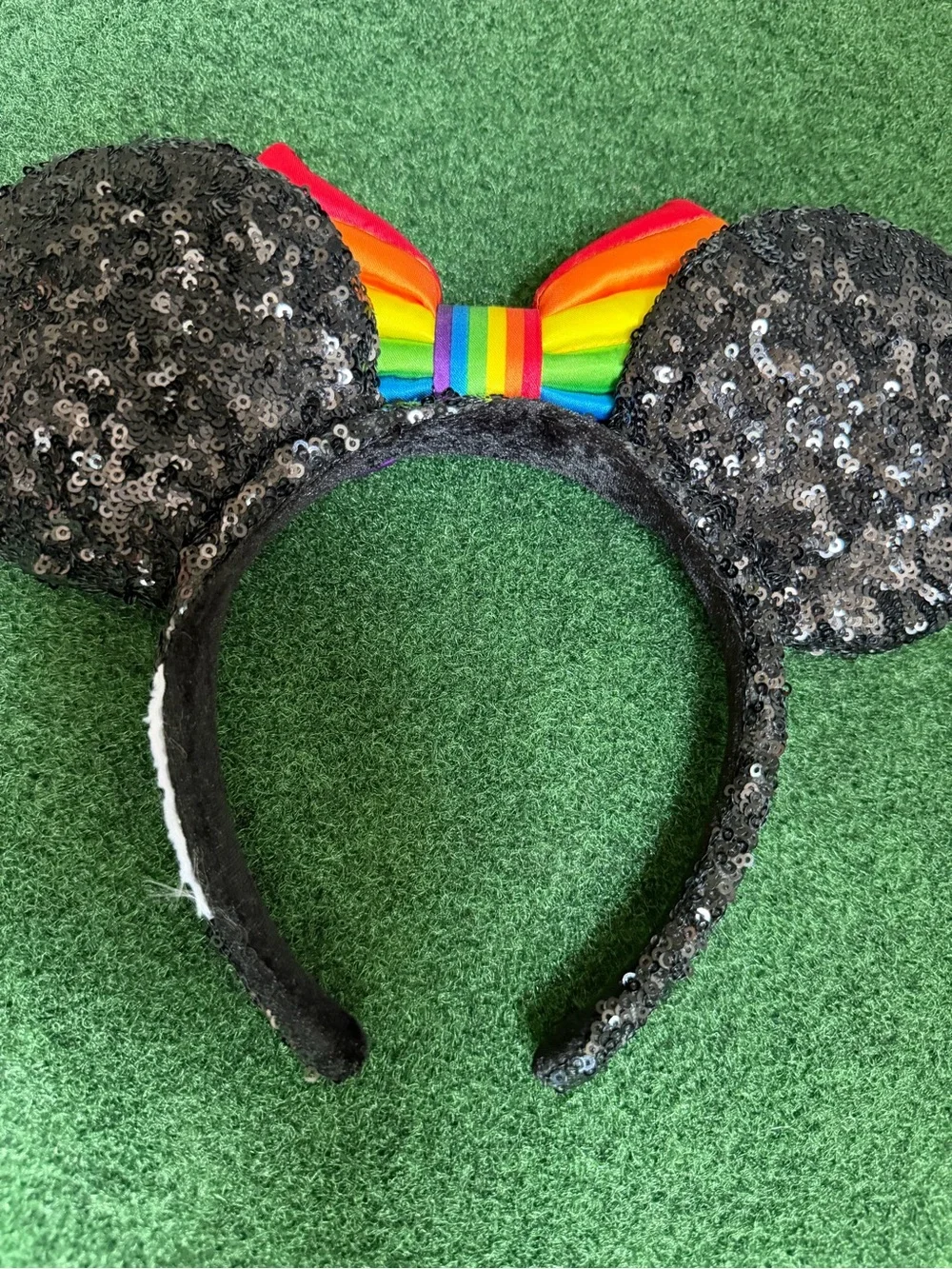 Disney Black Sequin Minnie Ears Headband with Rainbow Bow
